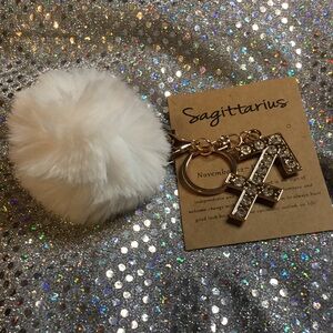 White Pom Pom Gold Keychain with Sagittarius Charm